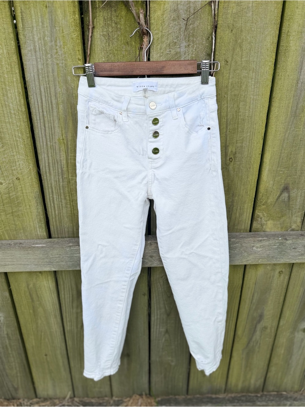 Risen High-Rise Button-Fly White Jeans